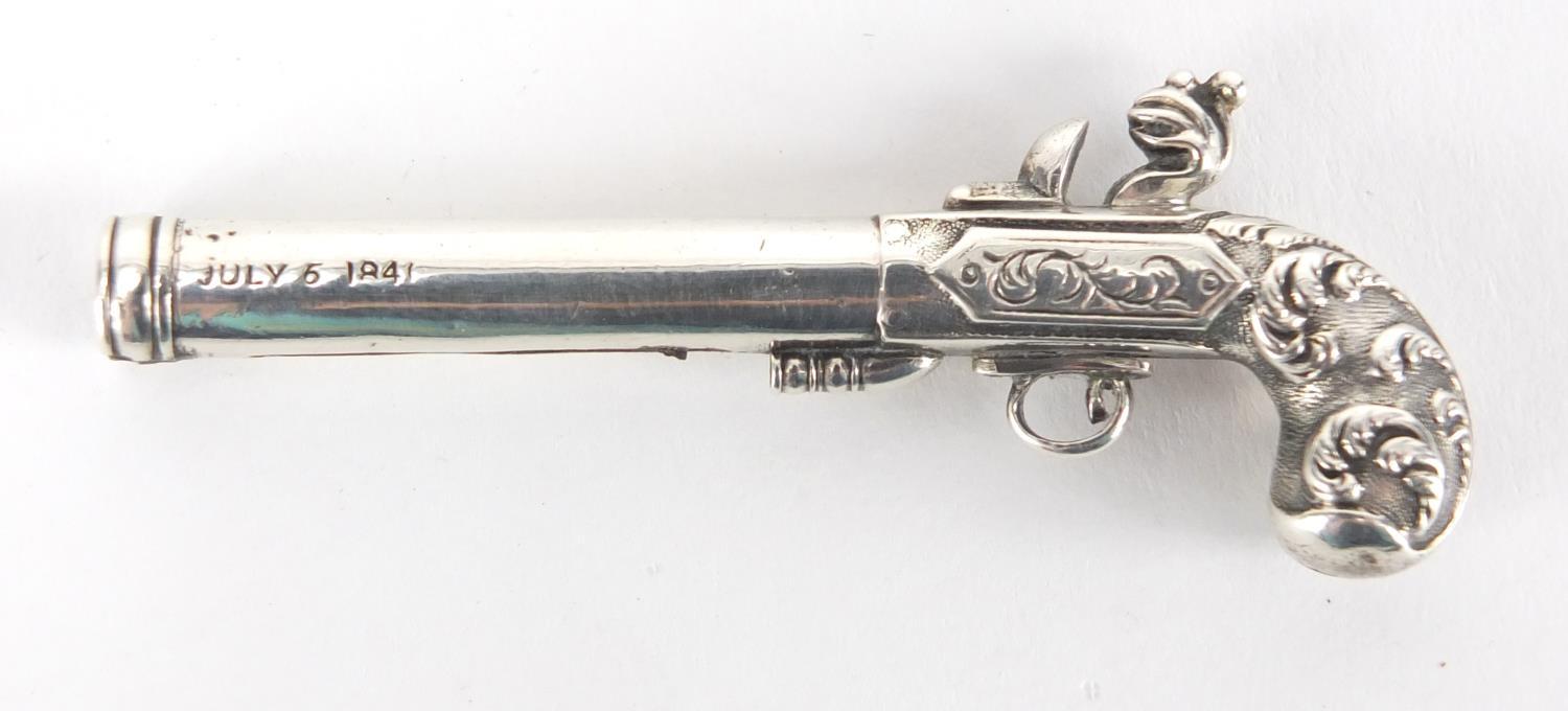 19th century S Mordan & Co unmarked silver propelling pencil in the form of a flintlock pistol - Image 2 of 5