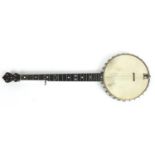 Windson Premier five string zither banjo with Mother of Pearl inlay and fitted travelling case, 89.