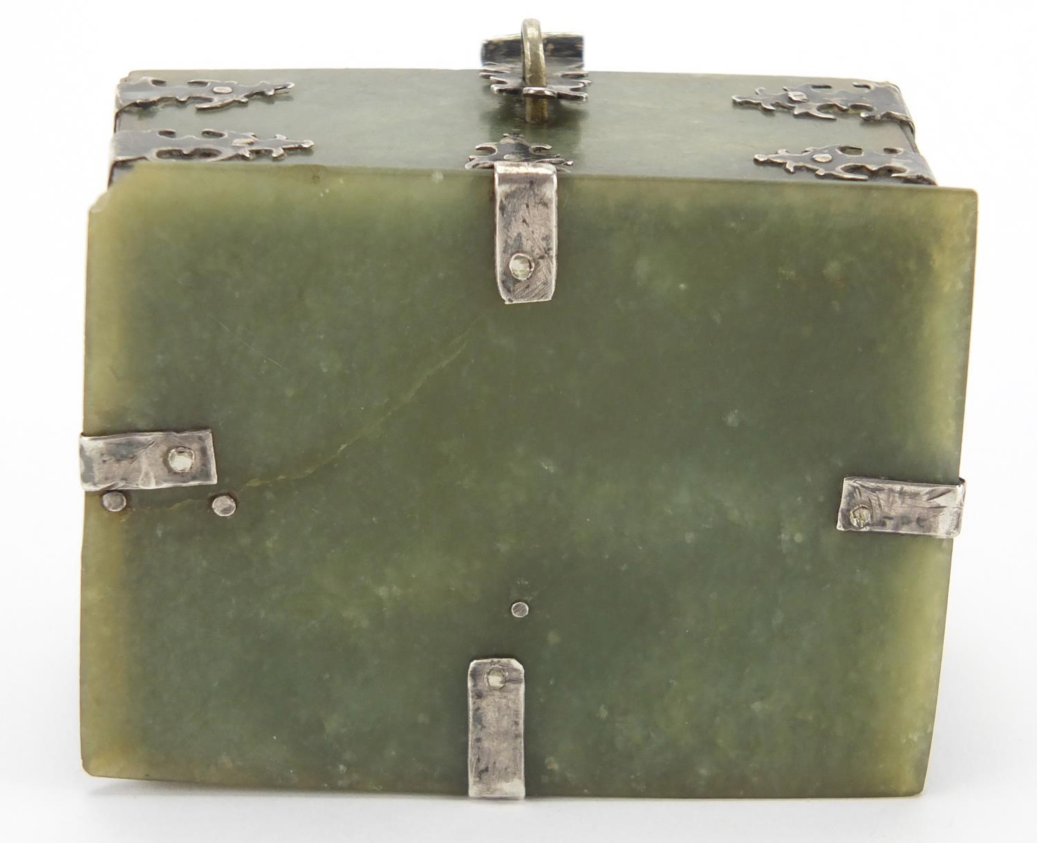 19th century Indian Mughal green jade casket, with silver mounts and swing handle, 5cm H x 9cm W x - Image 8 of 8