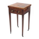 Georgian inlaid mahogany work table, with fold over flaps above a frieze drawer on tapering legs,