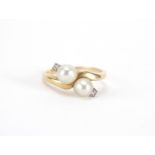 14ct gold pearl and diamond crossover ring, size P, approximate weight 4.3g :For Further Condition