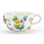 Miniature Meissen floral encrusted porcelain cup, hand painted with insects and flowers, cross sword