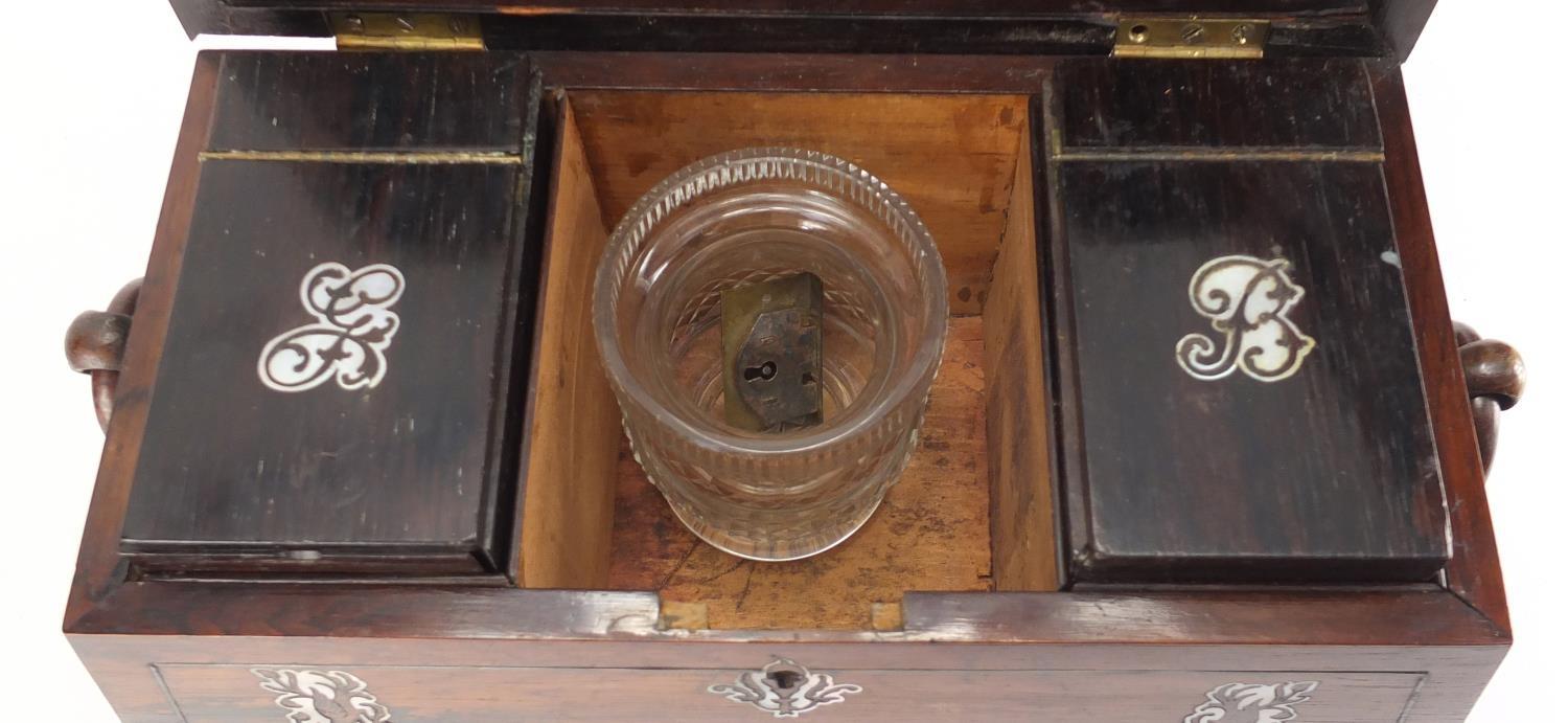 Victorian rosewood sarcophagus tea caddy, with Mother of pearl inlay, ring turned handles and fitted - Image 3 of 5