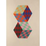 Abstract composition, two cubes, watercolour and gouache, bearing a signature Vasarely, mounted