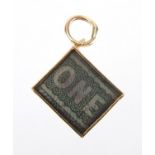 9ct gold emergency one pound not charm, 1.5cm in length, approximate weight 3.0g : For Further
