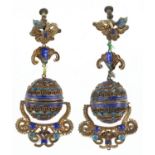 Pair of Chinese gilt metal and enamel bat design drop earrings, with unscrewing hollow spherical