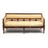 19th century mahogany three seater settee, hand painted with panels of maidens and flowers, on