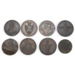Eight antique half penny Conder tokens including Rochdale, Wainfleet, Christ's Hospital, Eaton's,