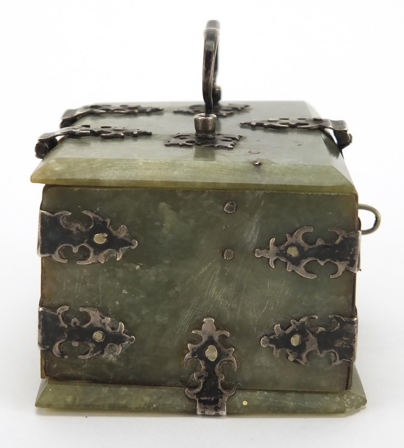 19th century Indian Mughal green jade casket, with silver mounts and swing handle, 5cm H x 9cm W x - Image 6 of 8