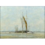 John Moss 1979 - Moored boats, oil on board, label verso, mounted and framed, 32cm x 23.5cm : For