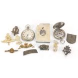 Militaria including cap badges, World War I Dennison compass and Military issue pocket watch with