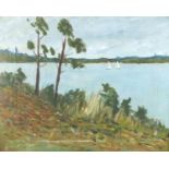 River scene with boats, oil on canvas, bearing a signature Hamilton, framed, 50cm x 40cm :For