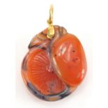 Chinese carved hardstone fruit pendant, with unmarked gold mount and suspension loop, 4.7cm high x
