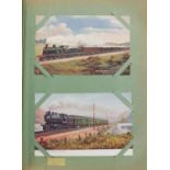 Edwardian postcards arranged in an album including trains, street scenes and bridges :For Further