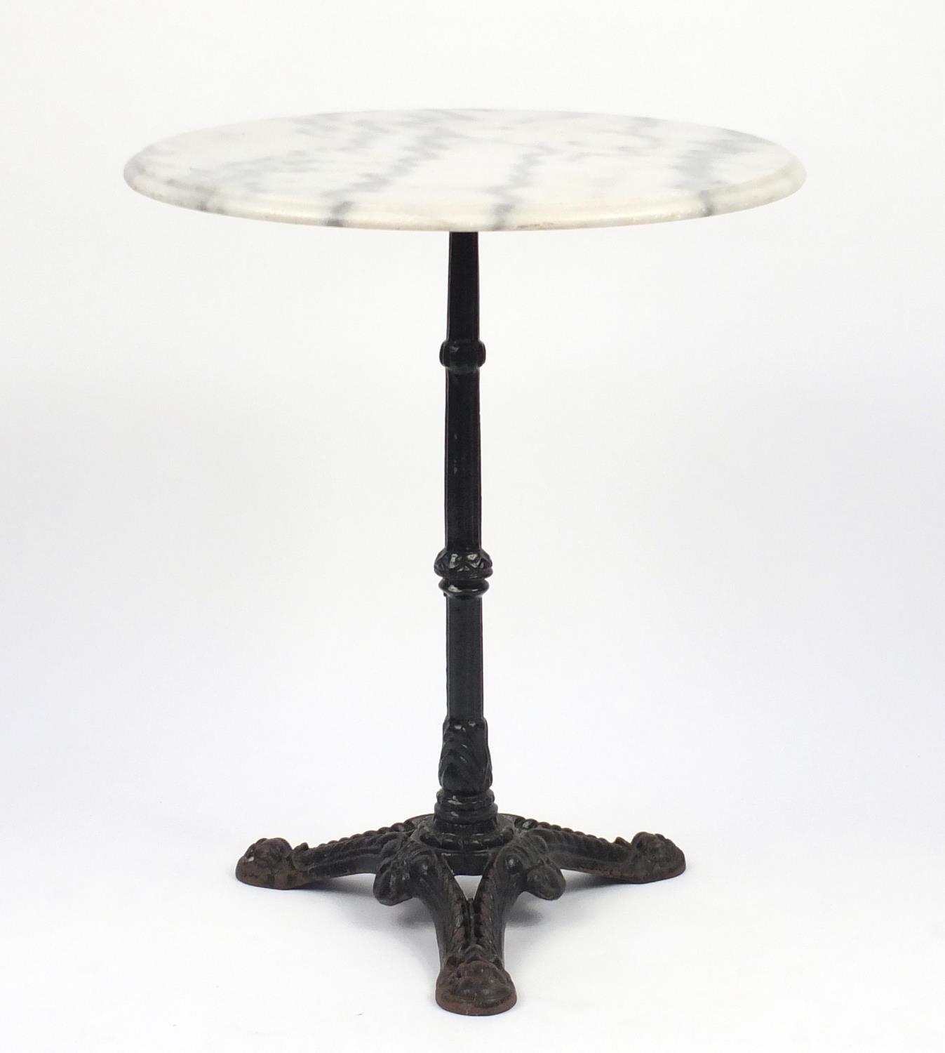 Circular white marble topped garden table with cast iron base, 72cm H x 60cm in diameter : For - Image 4 of 4