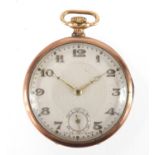 9ct gold open face pocket watch with gilt Arabic numerals, 4.4cm in diameter, approximate weight