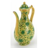 Chinese porcelain yellow ground wine ewer, hand painted with flower heads amongst foliate scrolls,