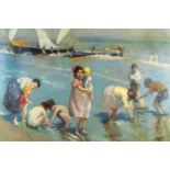 Figures by the sea, beach scene, Spanish school oil on board, bearing a signature Agailar, mounted