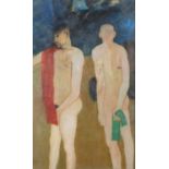 Two nude figures, oil on board, bearing a signature K V, framed, 43.5cm x 27cm : For Further