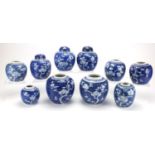 Ten Chinese blue and white porcelain ginger jars, three with covers, each hand painted with Prunus