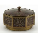 Octagonal rosewood pot and cover with brass foliate inlay, probably by Erhard & Söhne, 10cm high x