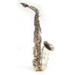 French silver plated saxophone by Henri Selmer, No.17606, with fitted carrying case, 66cm in