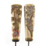 Two Japanese Satsuma pottery hat pins, hand painted with flowers, each 30cm in length :For Further
