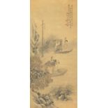 Chinese wall hanging scroll, hand painted with three figures in boats, with character marks and