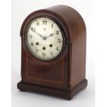 Inlaid mahogany Westminster chiming mantel clock, the silvered dial with Arabic numerals, the