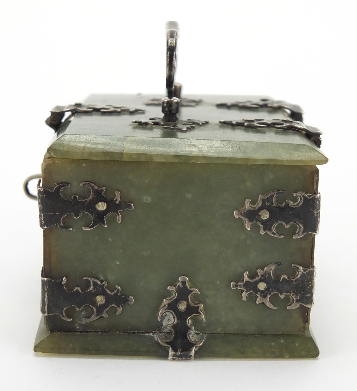 19th century Indian Mughal green jade casket, with silver mounts and swing handle, 5cm H x 9cm W x - Image 4 of 8