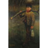 After George Calusen - Little Woodcutter, oil on canvas laid on board, mounted and framed, 91cm x