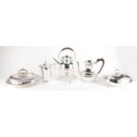 Silver plated items including teapot on stand with burner and two entrée dishes and covers,