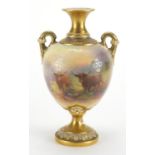 Royal Worcester porcelain vase with twin gilt handles, hand painted with Highland Cattle by Harry