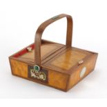 19th century wooden basket with mother of pearl inlay, ivory handles and two compartments, 21cm wide