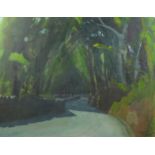 Ian Grant 1968 - Road through woodland, oil on canvas, labels verso, unframed, 66cm x 51cm :For