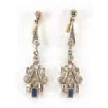 Pair of Art Deco unmarked gold sapphire and diamond drop earrings, 3.5cm in length, approximate