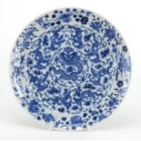 Chinese blue and white porcelain plate, hand painted with dragons amongst clouds, chasing the