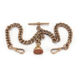 9ct rose gold watch chain, with T bar and hardstone fob, 38cm in length, approximate weight 99.0g :