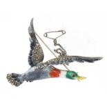 Silver, enamel and marcasite mallard duck brooch, 7cm in length, approximate weight 13.0g : For