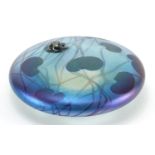 Glasform iridescent glass lily pad paperweight mounted with a silver frog by John Ditchfield, etched
