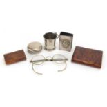 Antique and later objects including a travelling beaker in the form of a pocket watch case, burr