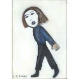 After Laurence Stephen Lowry - Surreal standing figure, oil on canvas, framed, 16.5cm x 11.5cm :