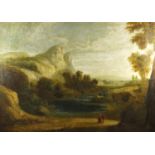 Landscape with figures and goats before water, early 19th century continental school oil on
