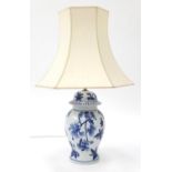Blue and white floral painted porcelain table lamp and shade, 80cm high : For Further Condition