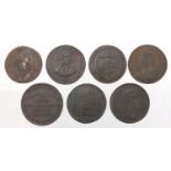 Seven late 18th century half penny Conder tokens including Inverness, Bury, Whitfield's,