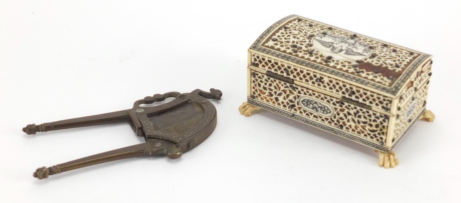 Vizagapatam ivory, blonde tortoiseshell and sandalwood casket, together with a pair of Indian - Image 5 of 6