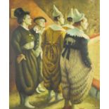 Five clowns in a circus, oil on board, bearing a monogram L K and inscription The Clowns Laura