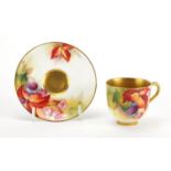 Royal Worcester porcelain cup and saucer, hand painted with berries and flowers by Kitty Blake,
