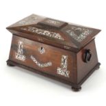 Victorian rosewood sarcophagus tea caddy, with Mother of pearl inlay, ring turned handles and fitted
