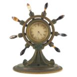 19th century gilt bronze ships wheel design clock, with agate handles and Roman numerals, 24.5cm
